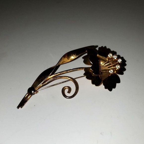 A Sterling Brooch Pin Vintage Vermeil Flower With Rhinestones Unmarked As-Is - Picture 1 of 11